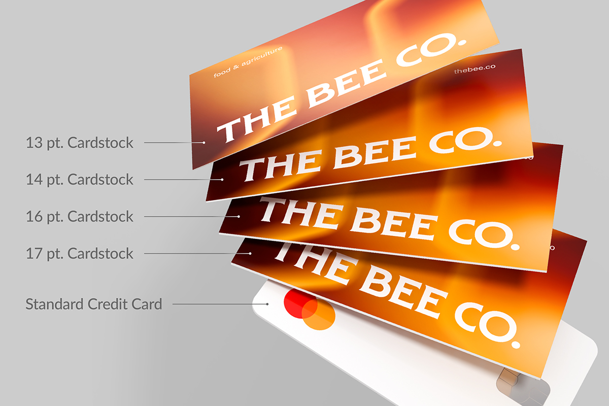 Business card thickness options from 13 pt. cardstock to standard credit card