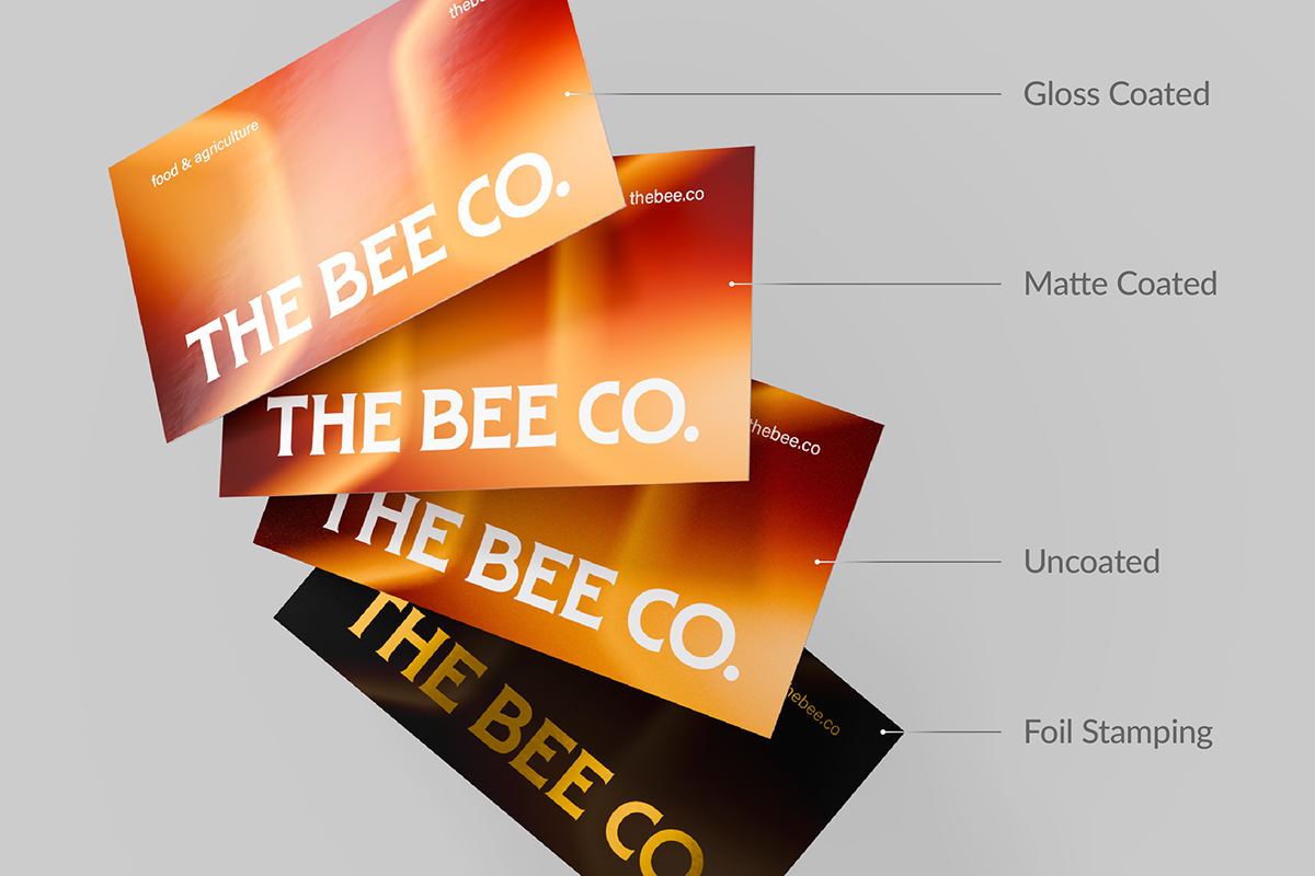 Business card finish options: gloss, matte, uncoated, and foil stamping