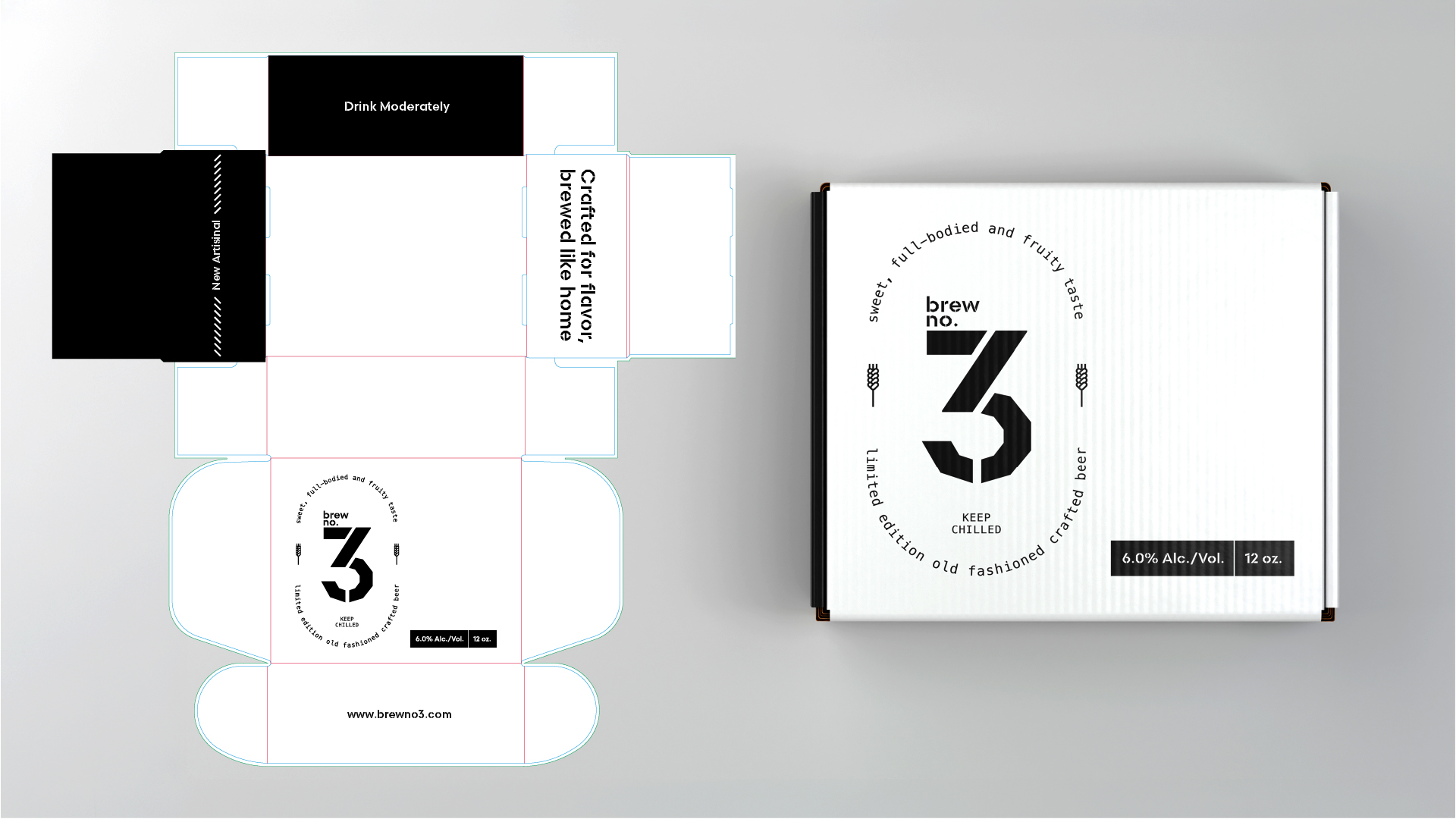 Flat packaging dieline template next to an assembled custom printed mailer box