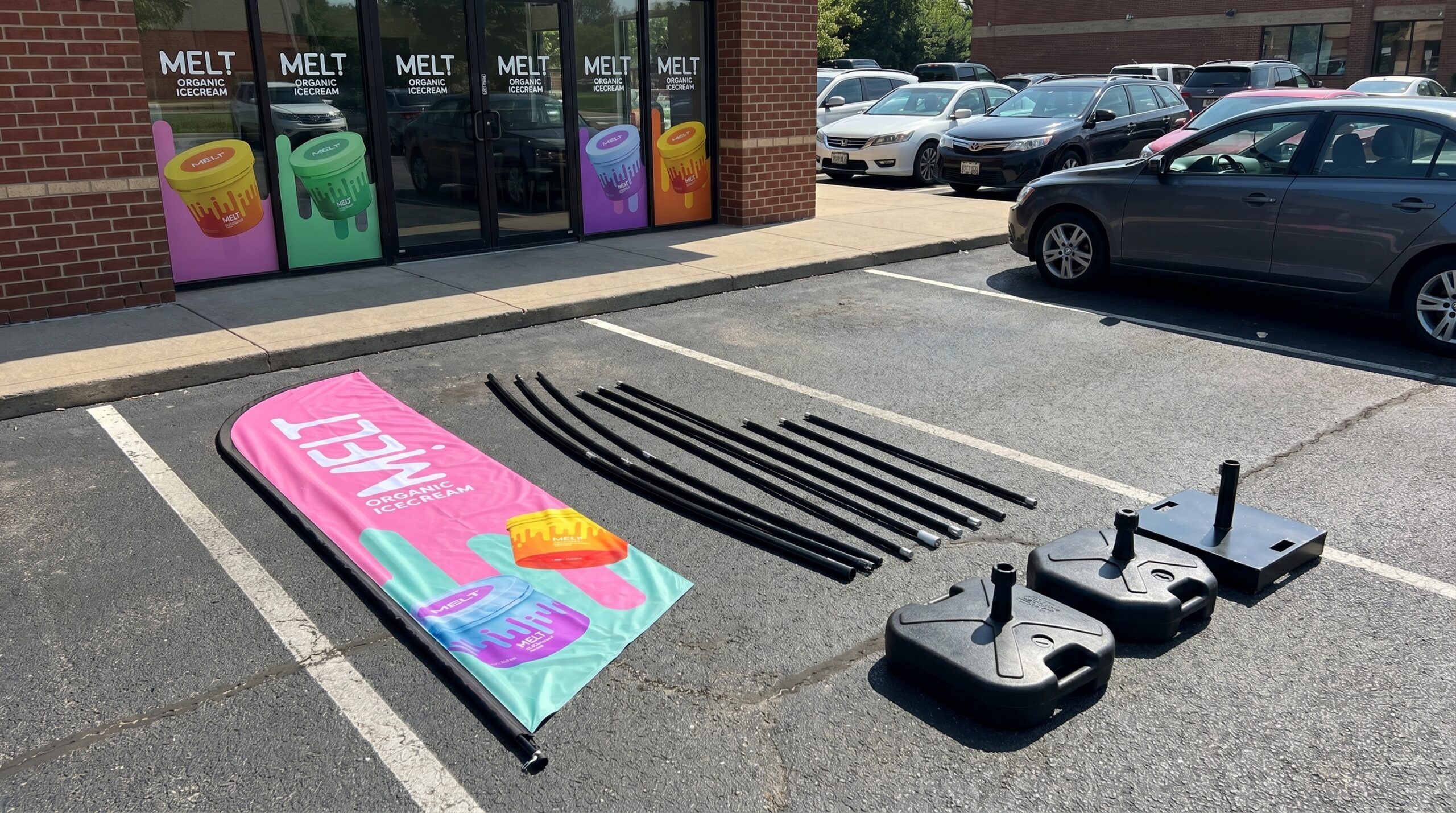 Feather flag banner, poles, and base parts laid out for assembly