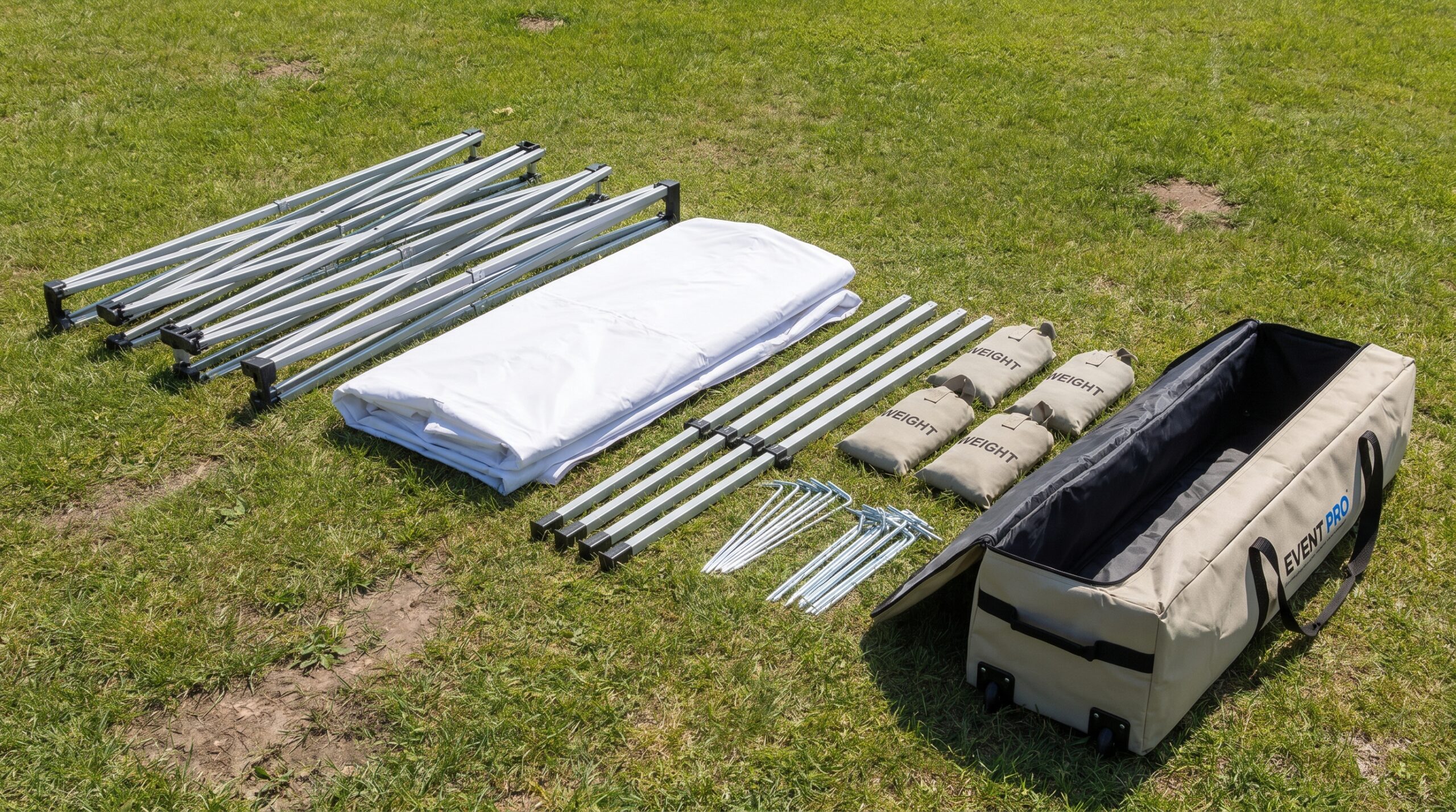 Event canopy frame, cover, and accessories on grass.