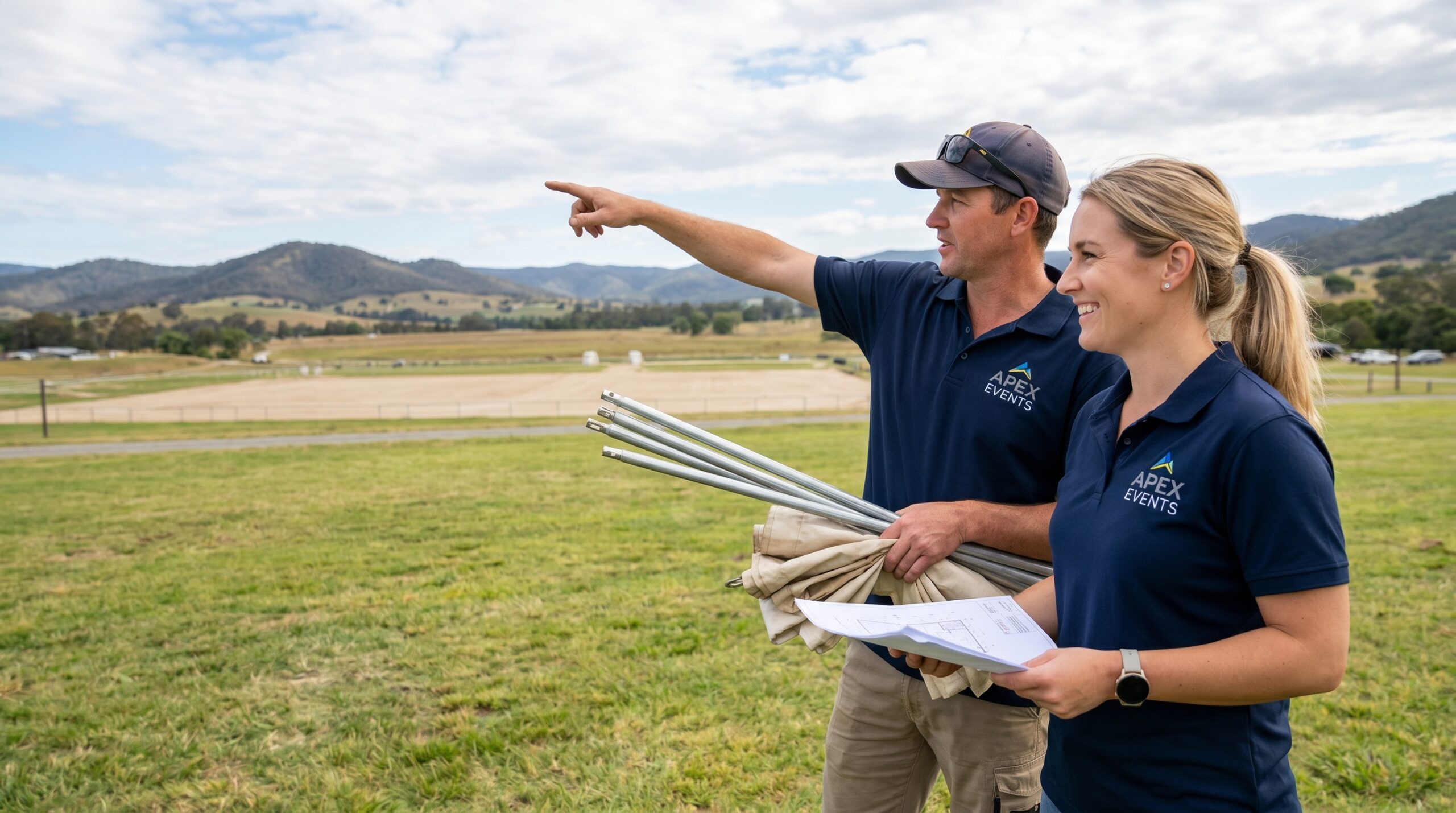 Event staff reviewing an outdoor setup location.