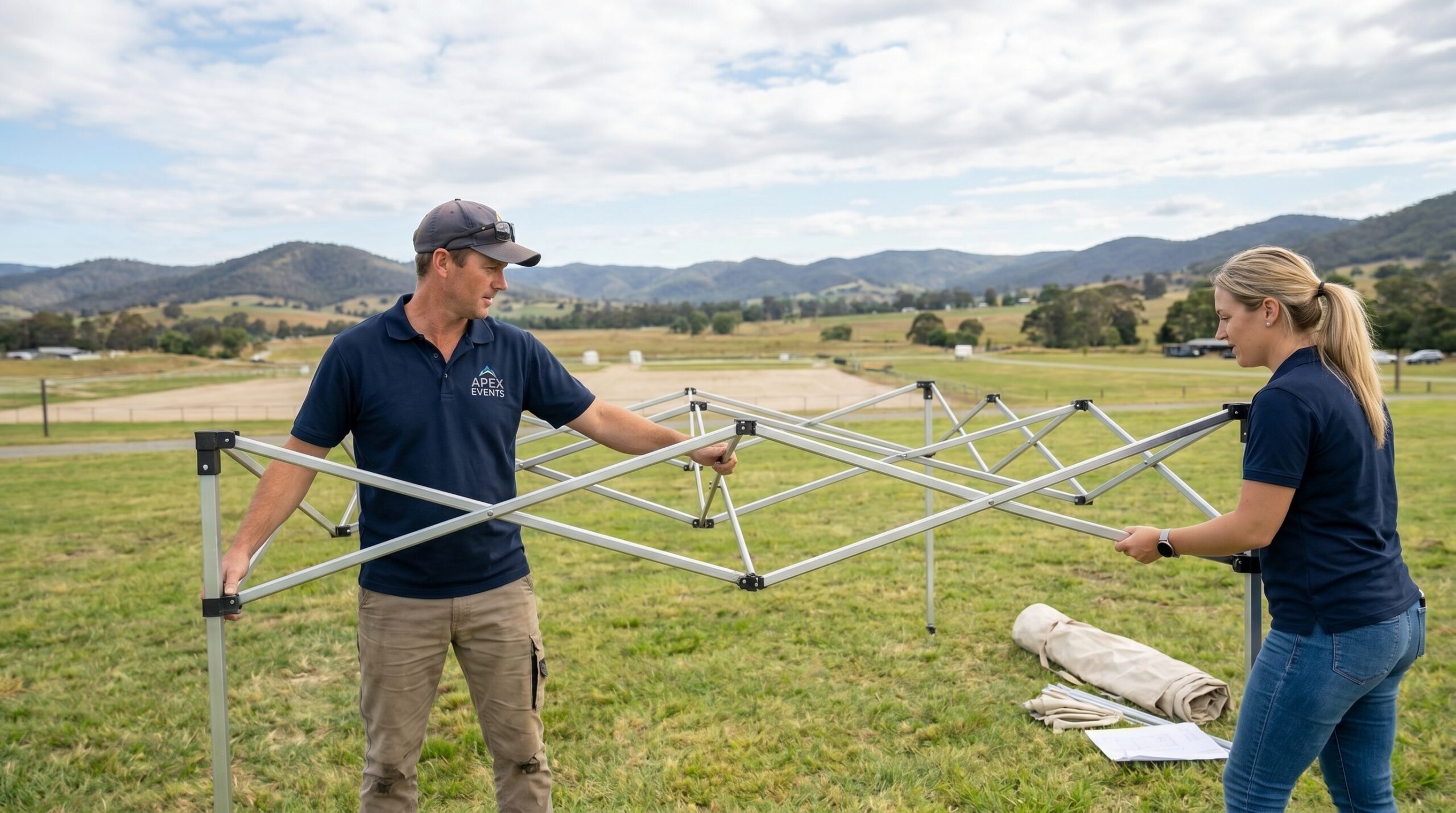 Assembling a pop-up canopy frame.