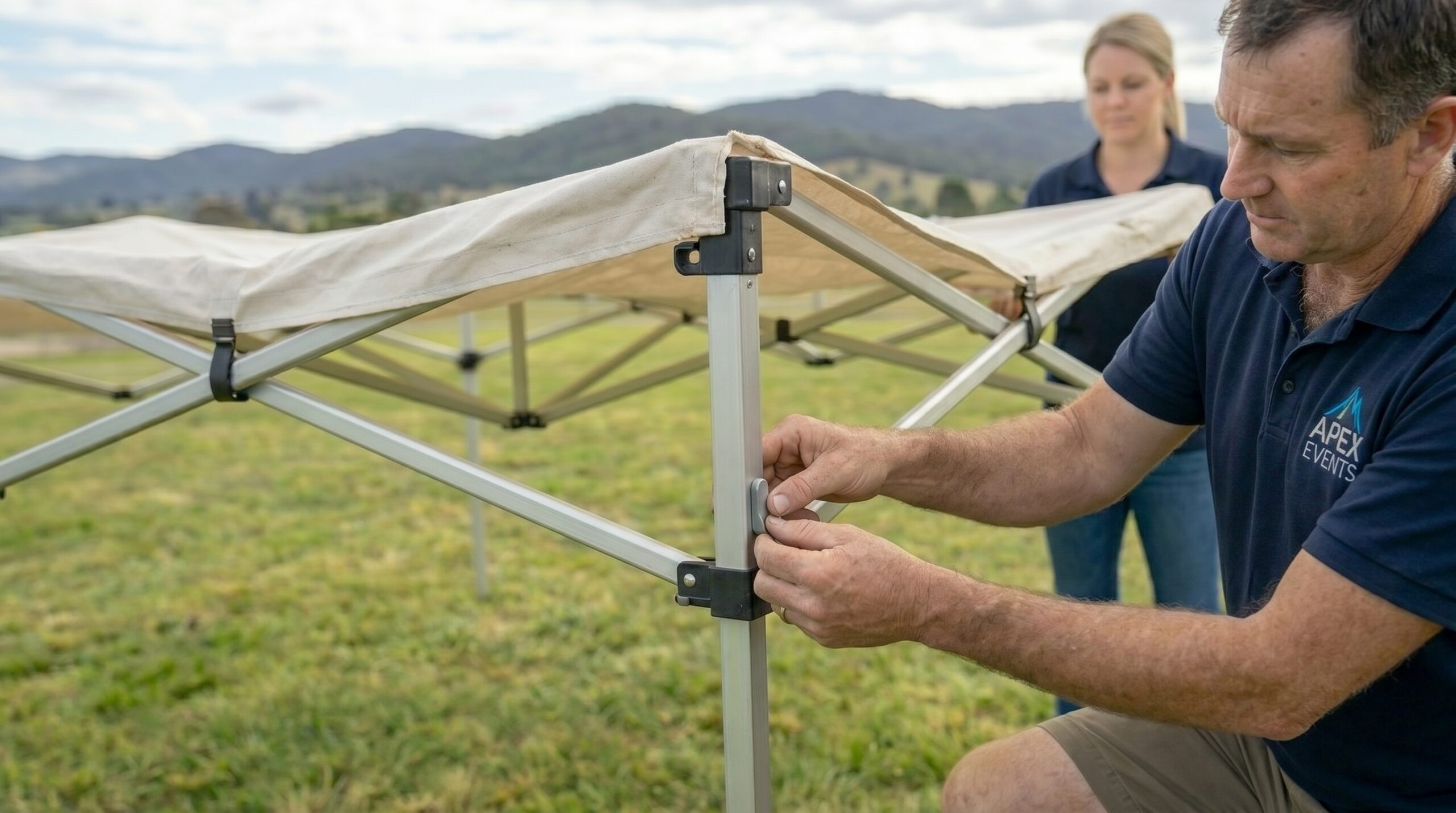 Staff locking a canopy frame leg.