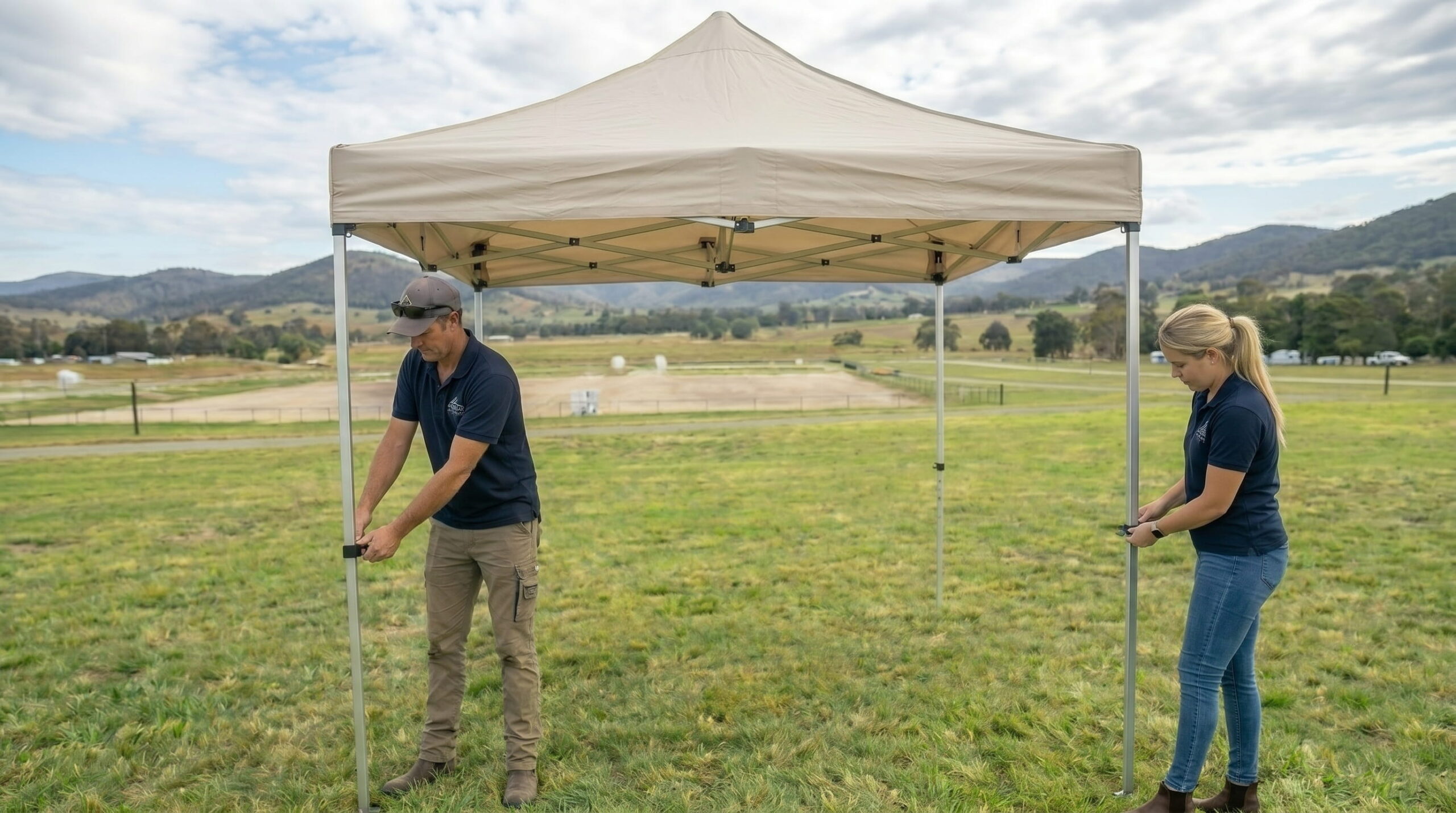 Adjusting the height of an outdoor event canopy.