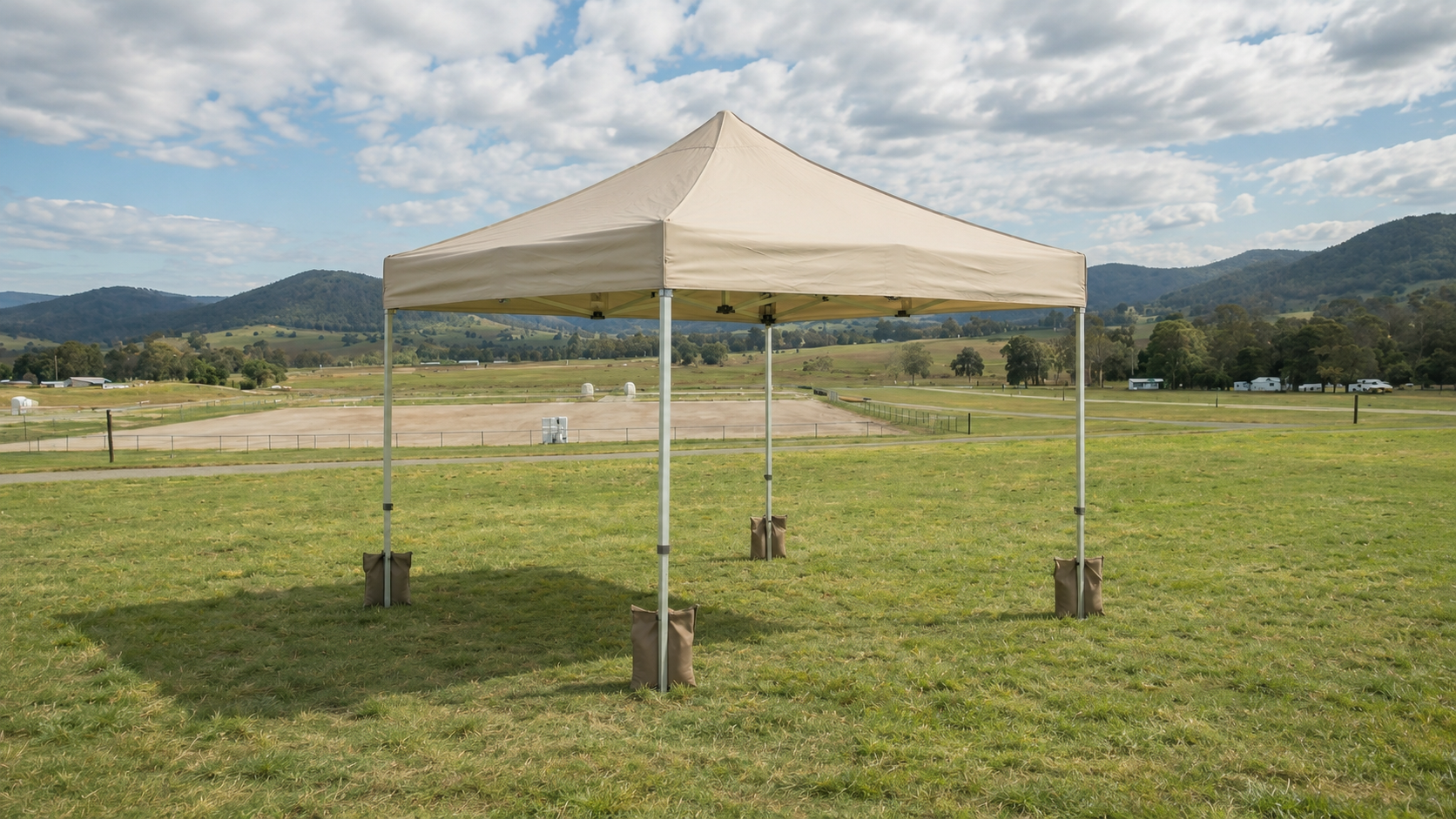 Weighted canopy set up outdoors.