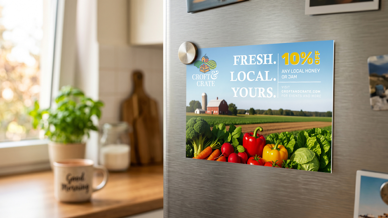 Promotional postcard displayed on a refrigerator