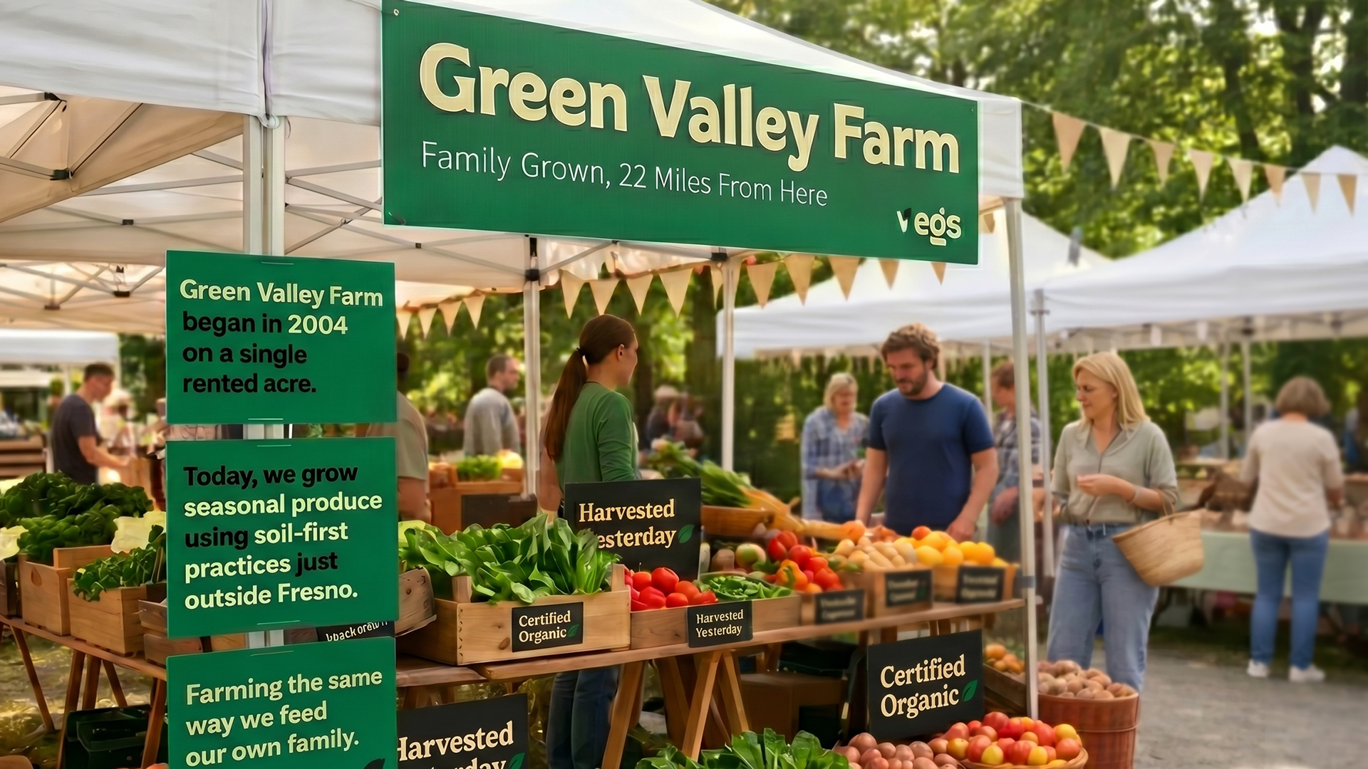 Farmers market booth with signage and fresh produce