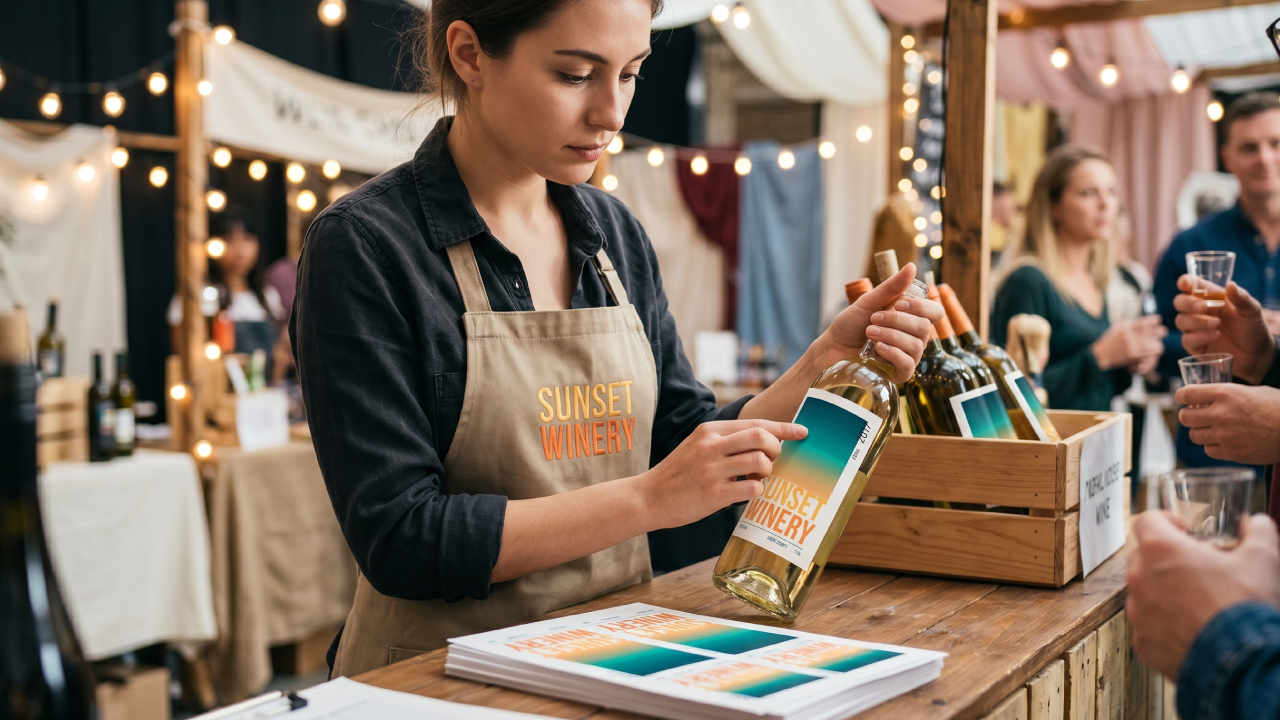 Applying a bottle label at a tasting booth