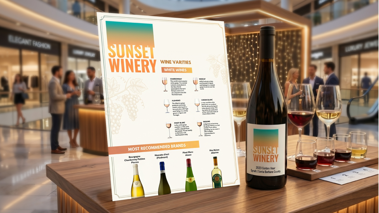 Wine menu display beside tasting bottles