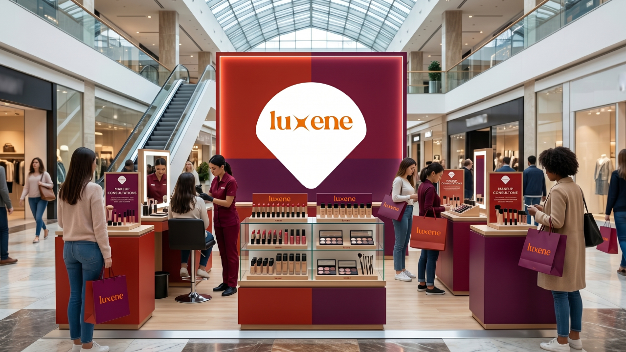 Cosmetics pop-up store display in a shopping mall