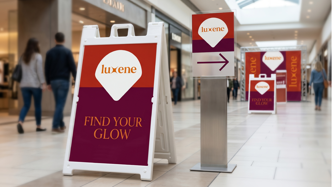 Freestanding promotional signs in a mall
