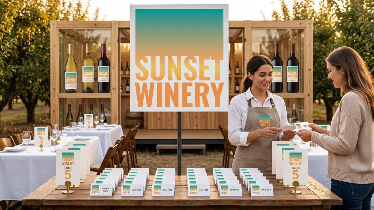 Branded table cards and place cards at a winery event