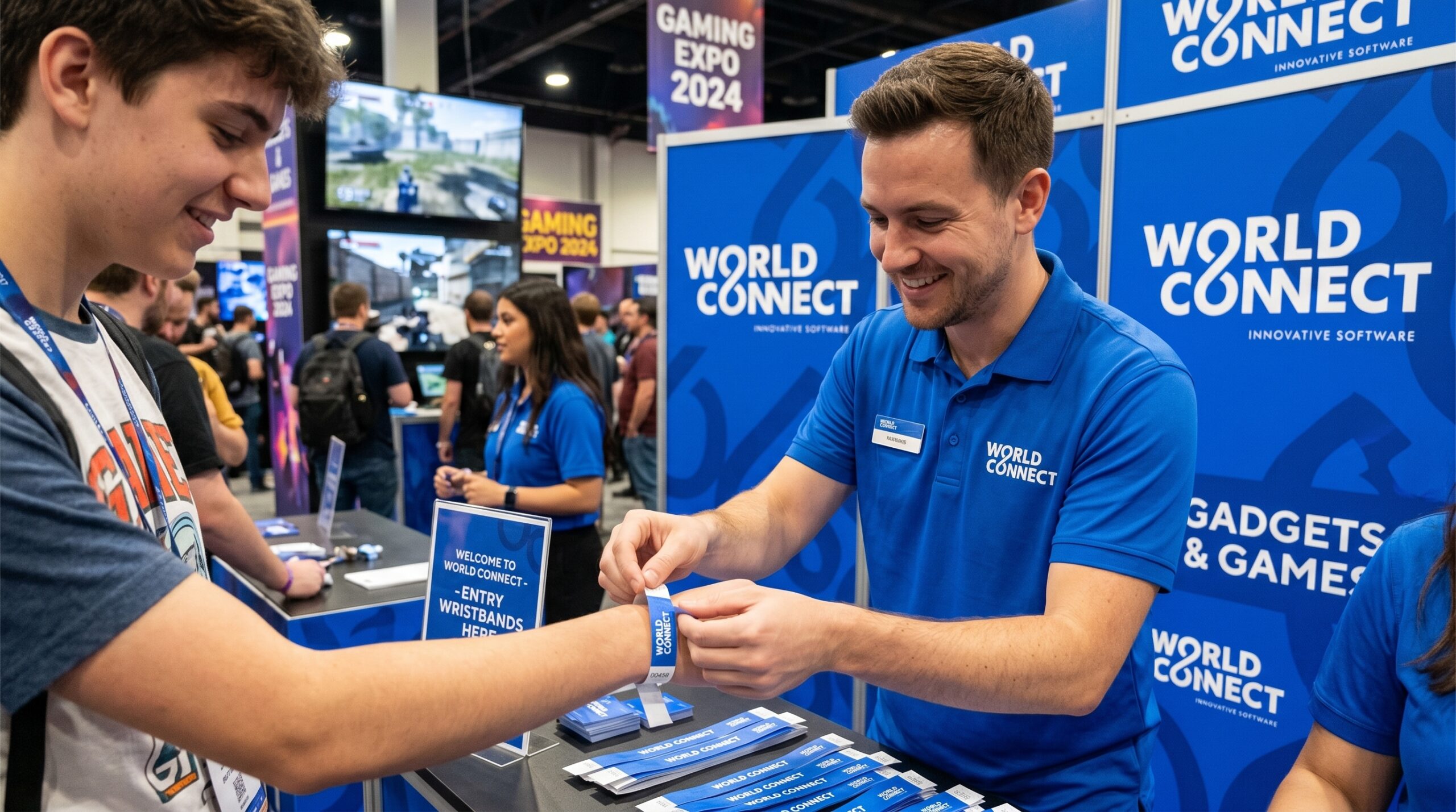 Handing out event wristbands at a booth