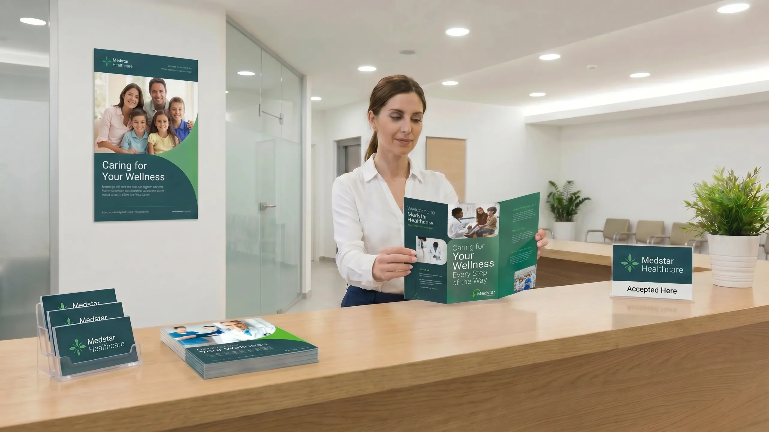 Brochures and signage displayed at a reception desk