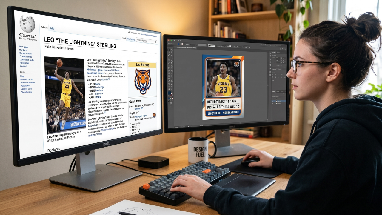 Designing a custom sports card using dual desktop monitors
