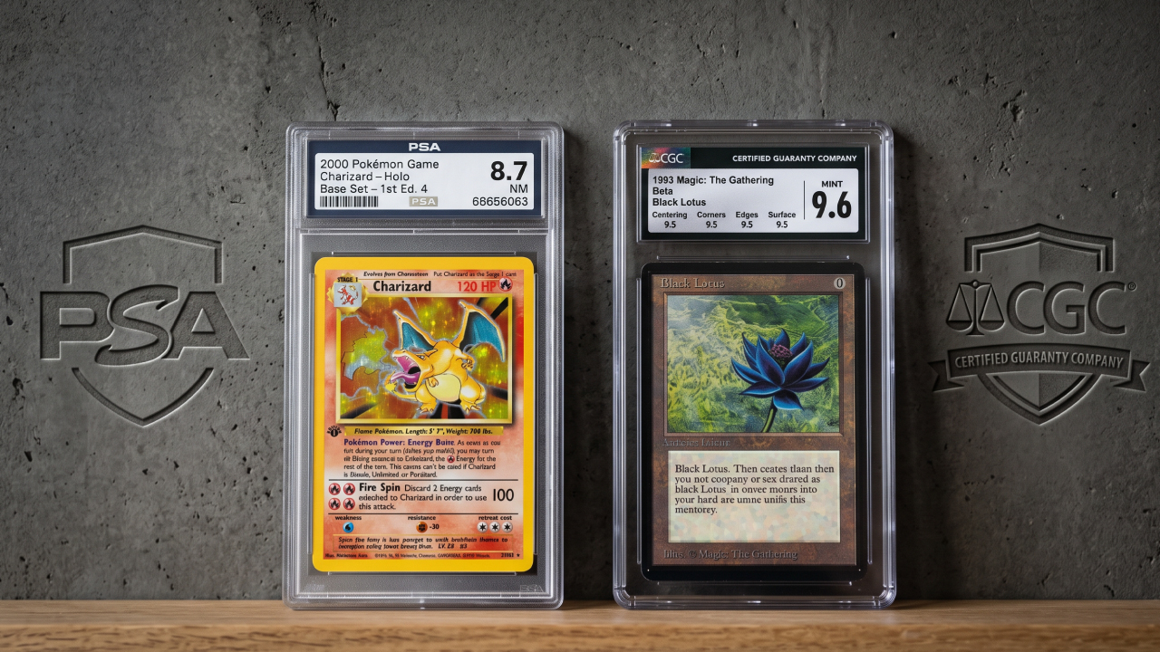 PSA and CGC graded trading cards in protective acrylic slabs