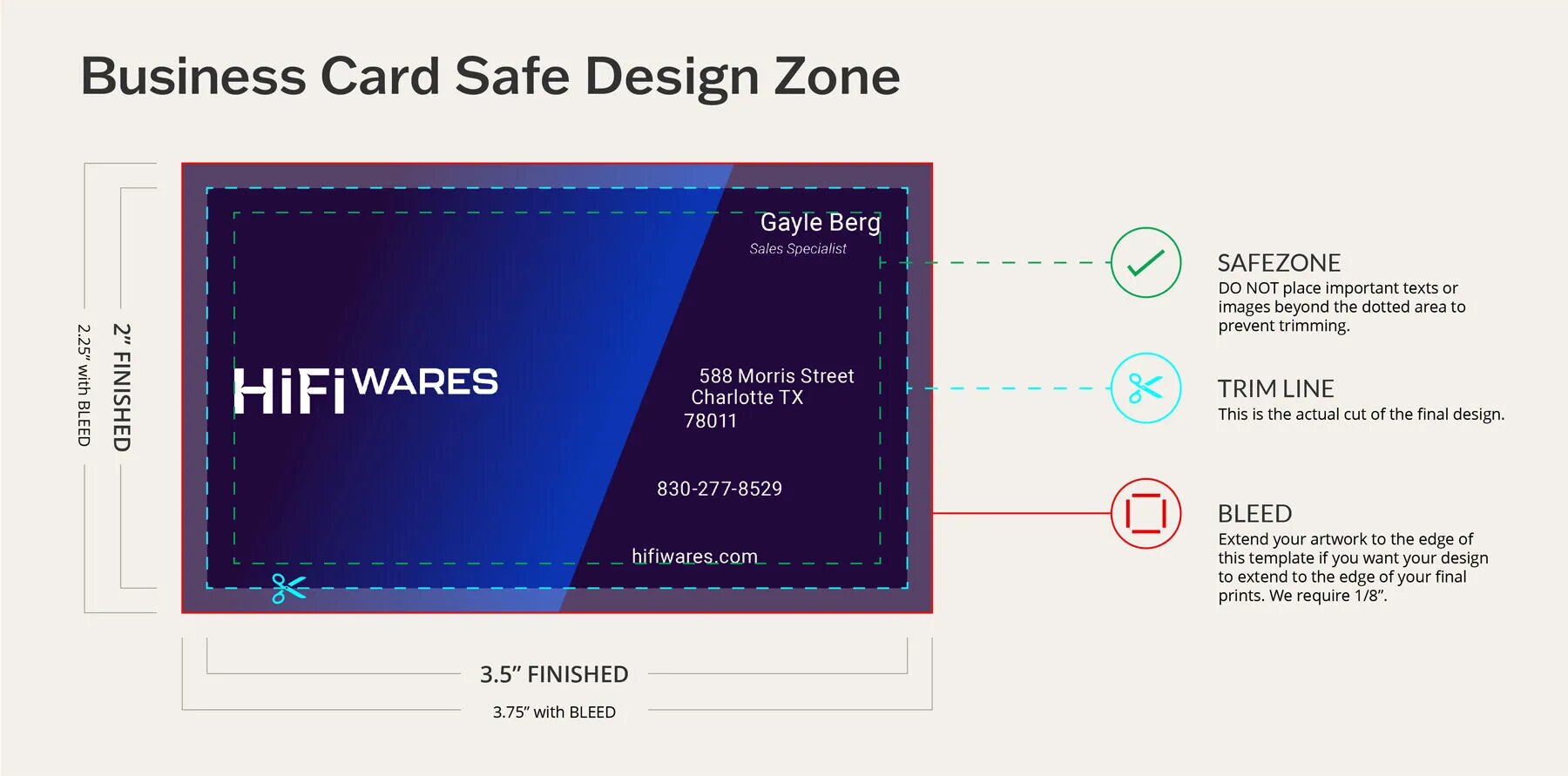 Business card safe design zones and bleed guide