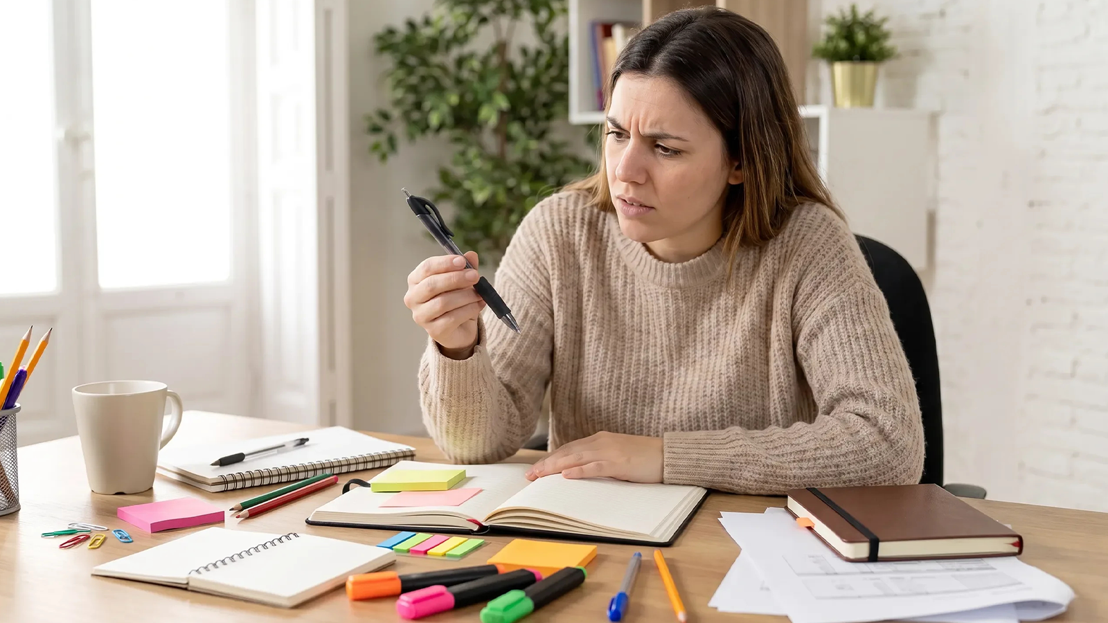 Person reviewing a pen at a desk with notebooks and stationery supplies.