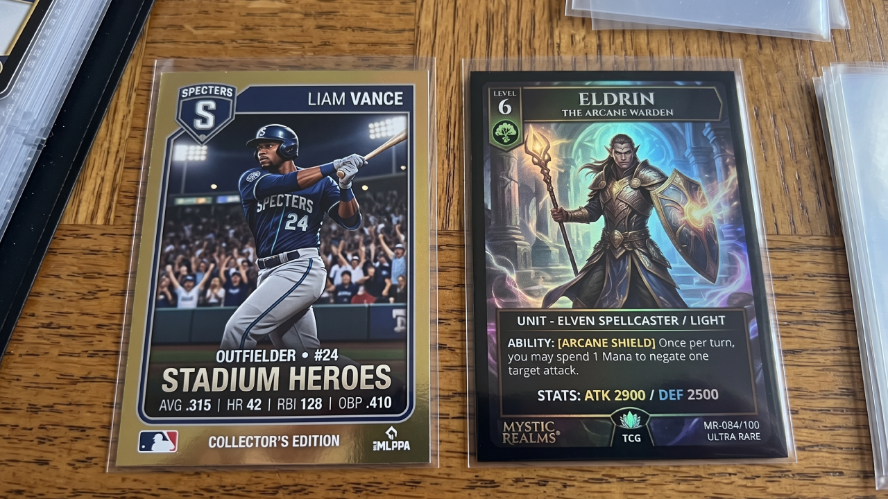 Baseball and fantasy trading cards in protective clear sleeves