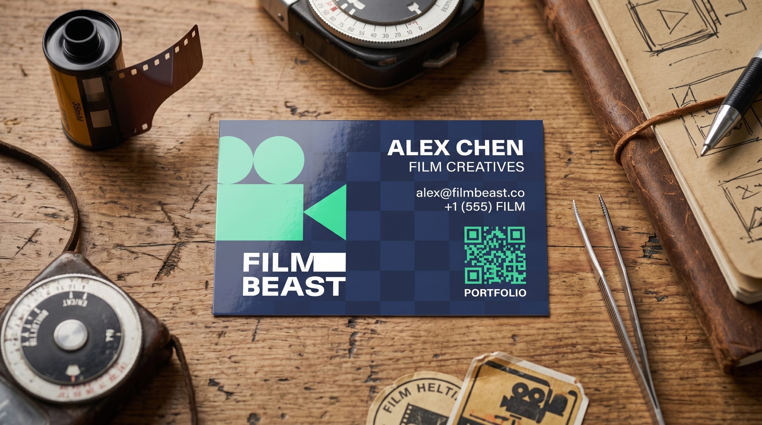 Filmmaker business card with a camera logo and portfolio QR code