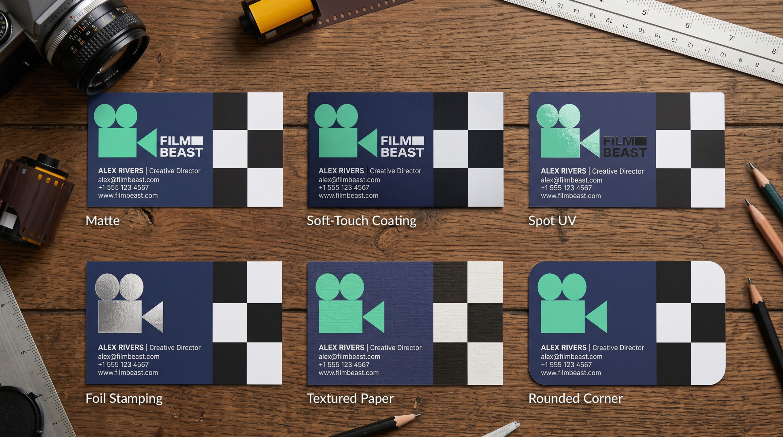 Business card finish options: matte, soft-touch, spot UV, foil, textured, and rounded corners