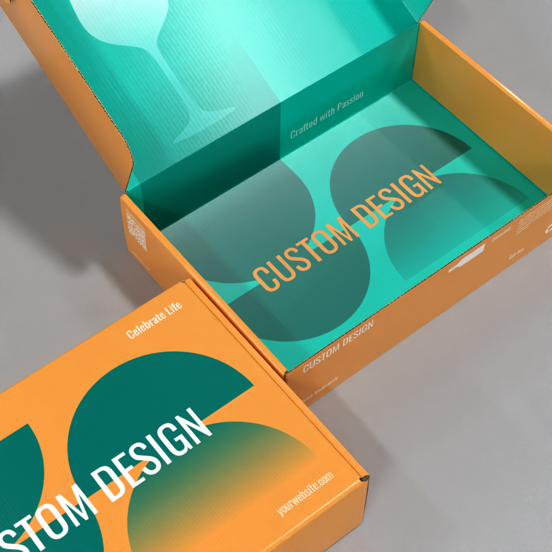 Open custom corrugated mailer box with branded interior design