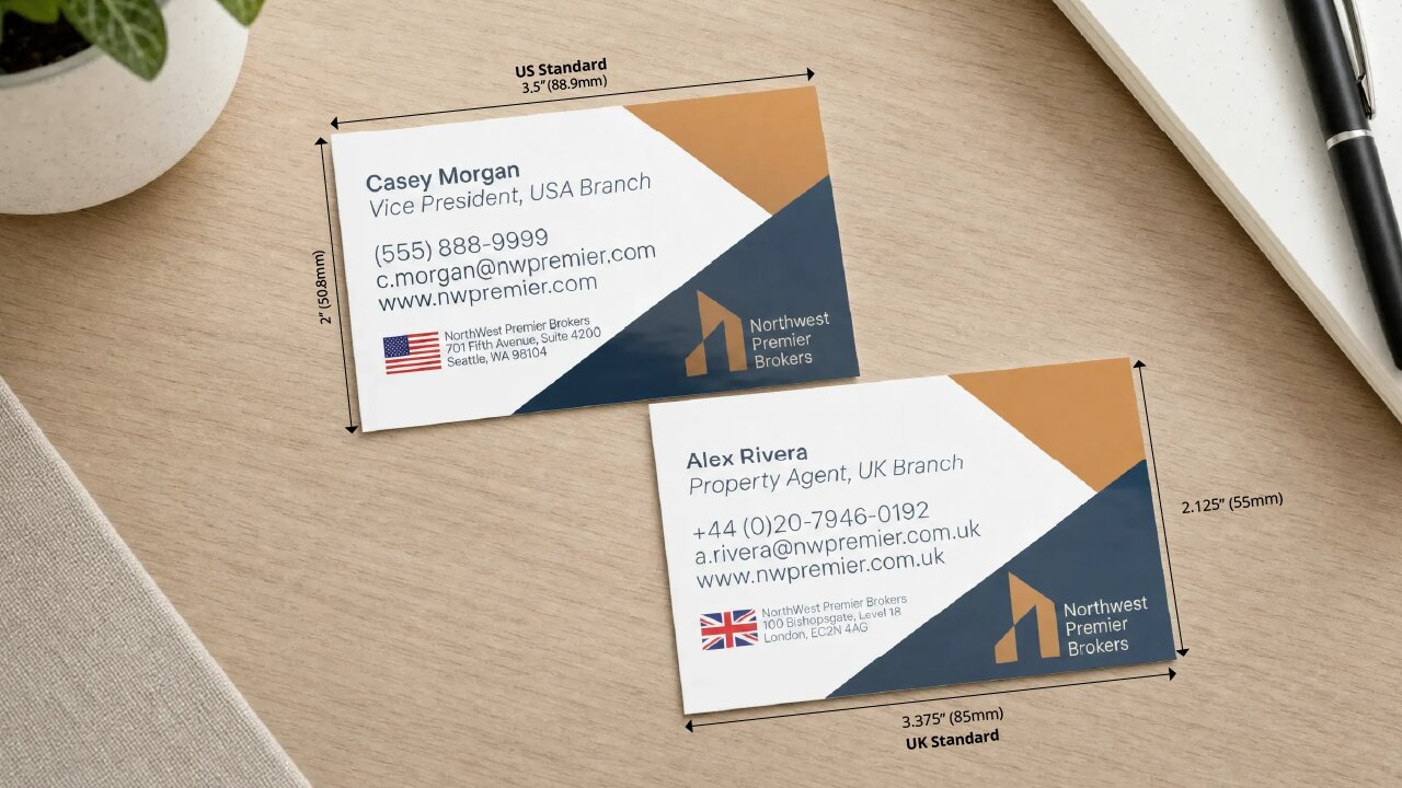 Size comparison between standard US and UK business cards