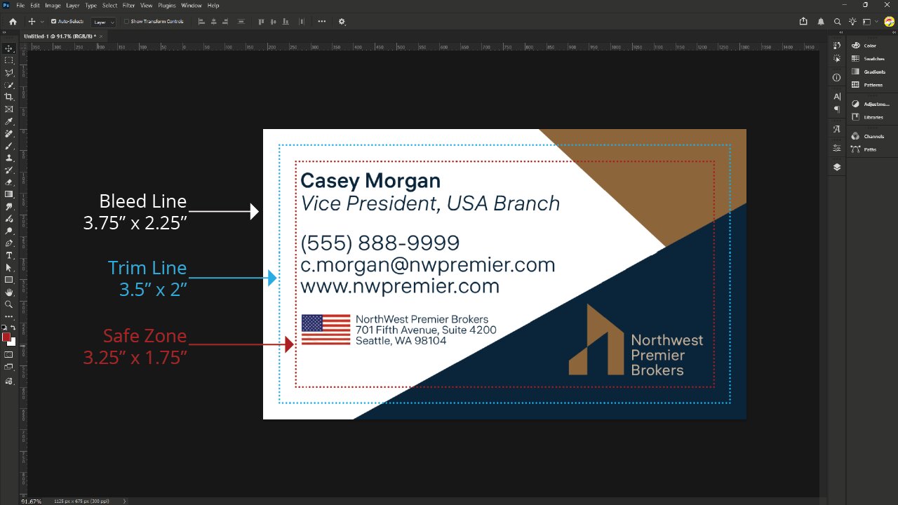 Business card design template showing bleed line, trim line, and safe zone guides