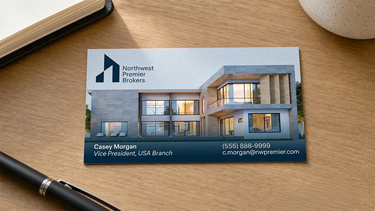 Modern real estate agent business card printed with an architectural photo