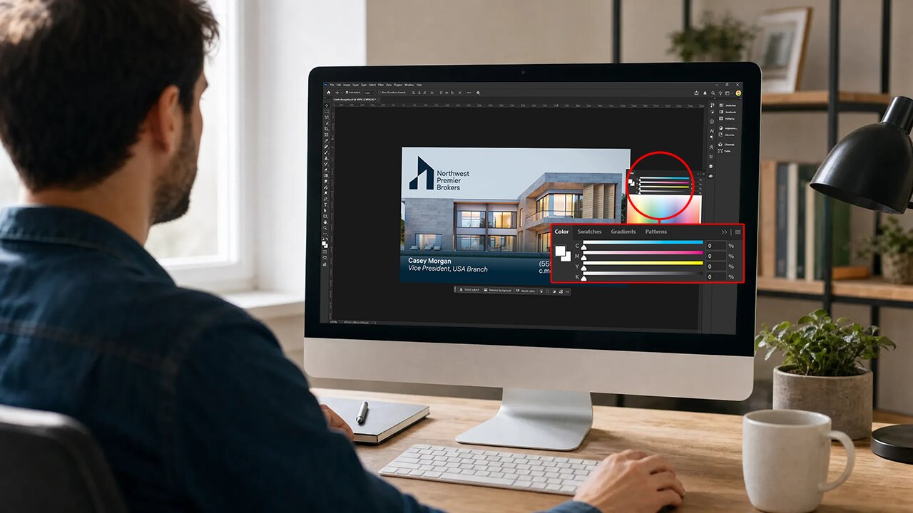 Designer setting CMYK color values for a business card layout