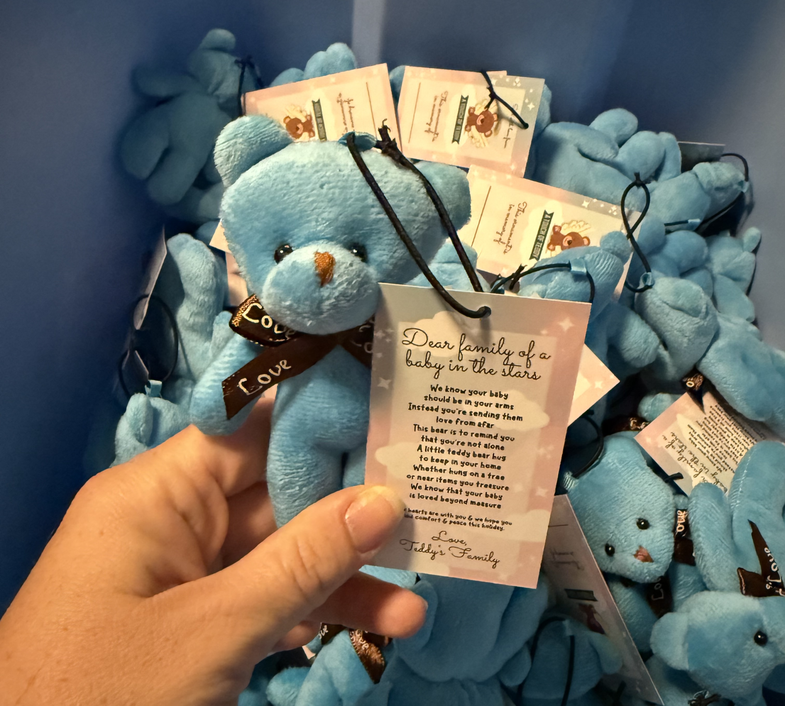 blue teddy bear ornaments with custom printed hang tags