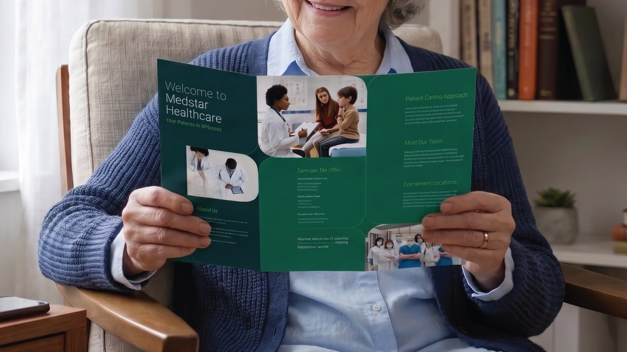 Holding an open green healthcare tri-fold brochure in an armchair