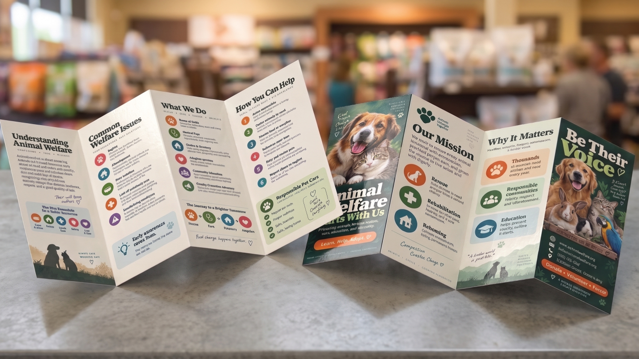 Multi-panel accordion fold brochure for animal welfare standing open on a counter