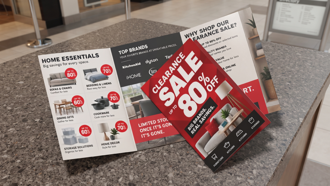 Retail clearance sale trifold brochure displayed on a speckled store counter