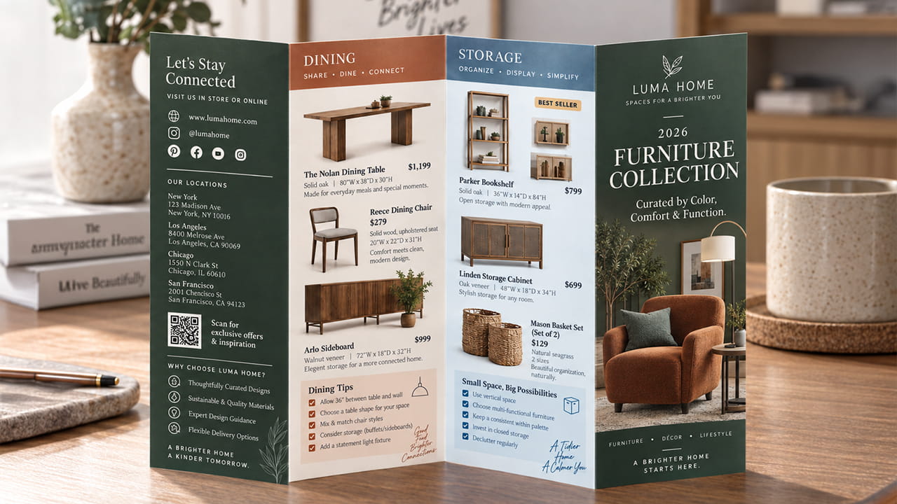 Four-panel accordion fold furniture catalog brochure standing upright on a table