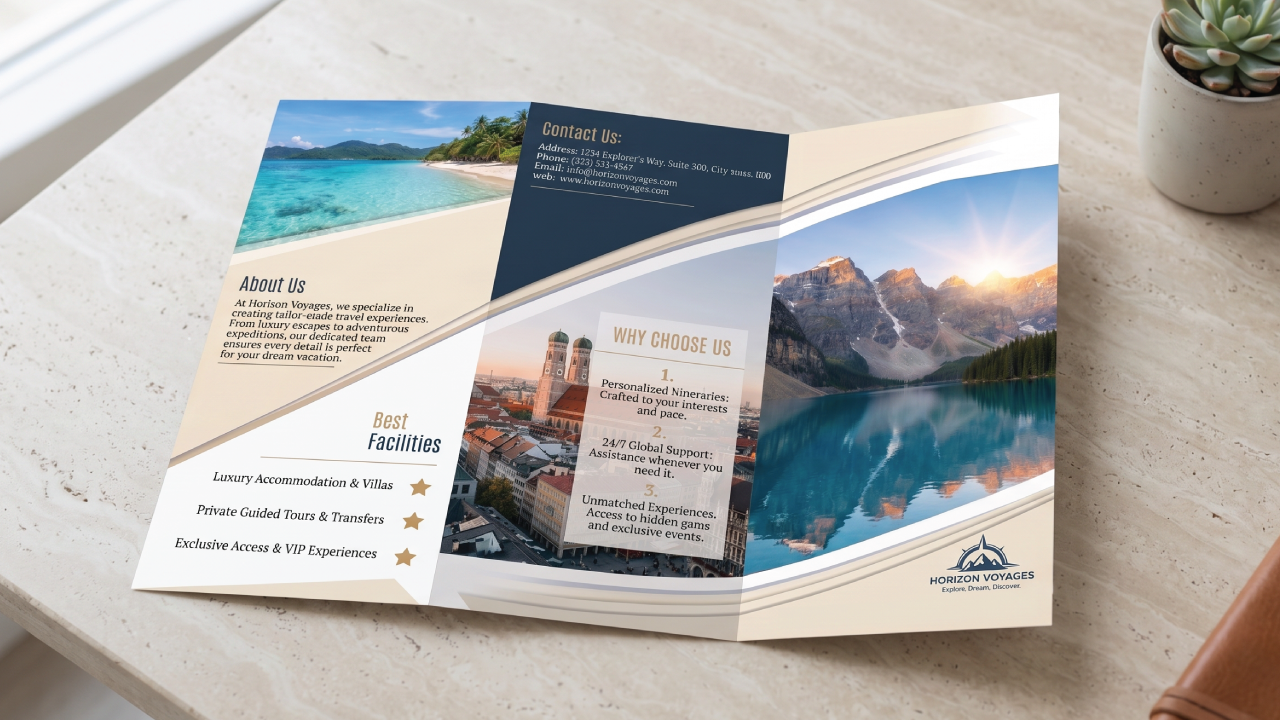 Travel agency brochure displayed flat on a marble surface showing scenic photos