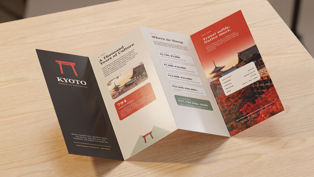 Accordion-fold Kyoto travel brochure standing partially opened on a wooden desk