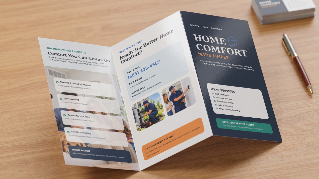 Home comfort and HVAC service brochure opened on a wooden tabletop