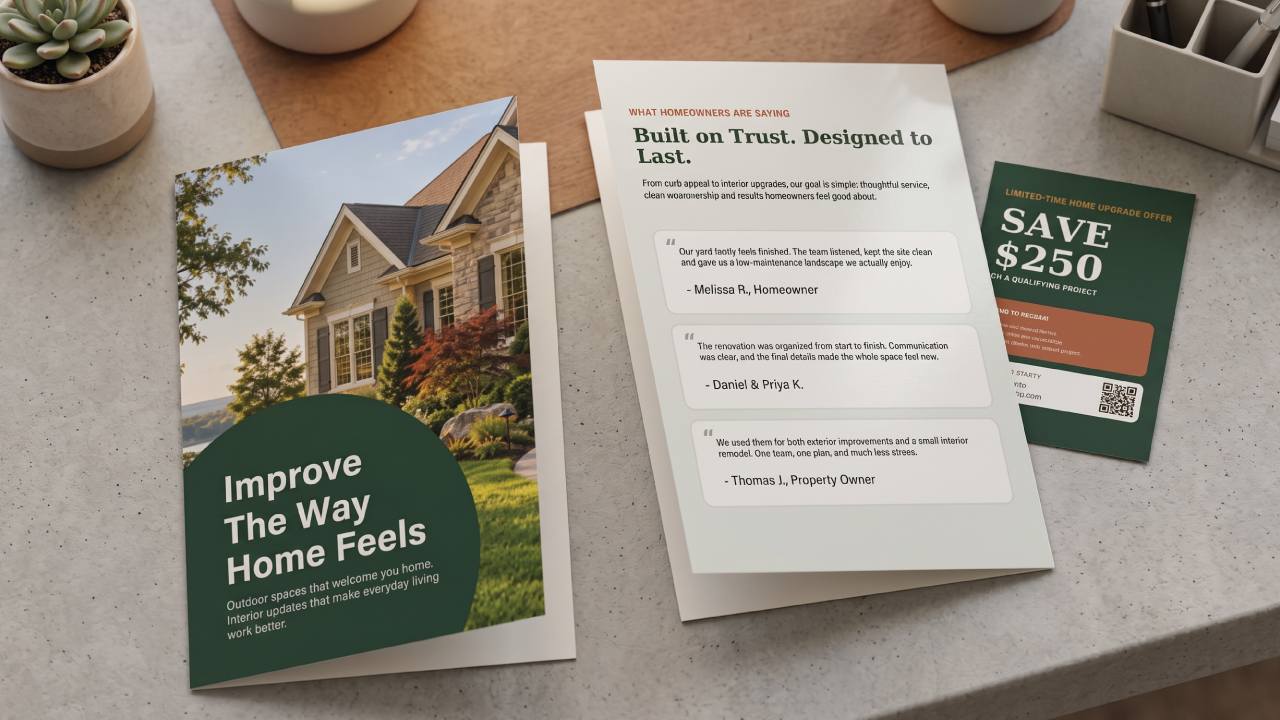 Half-fold home improvement brochure shown next to an open review page and promo insert card
