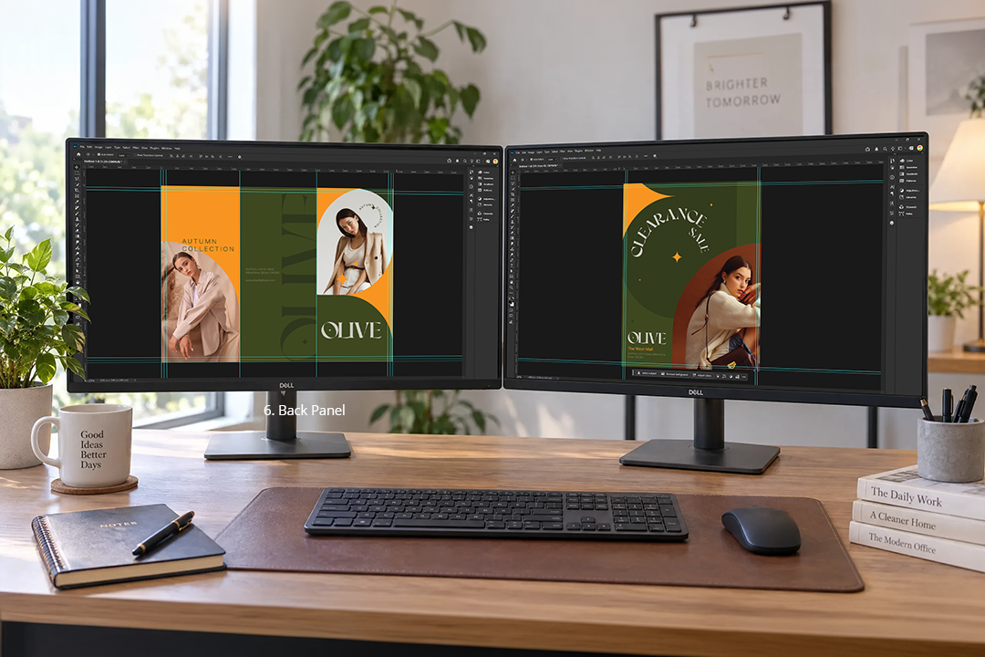 Dual monitor workspace displaying tri-fold brochure and flyer print design templates
