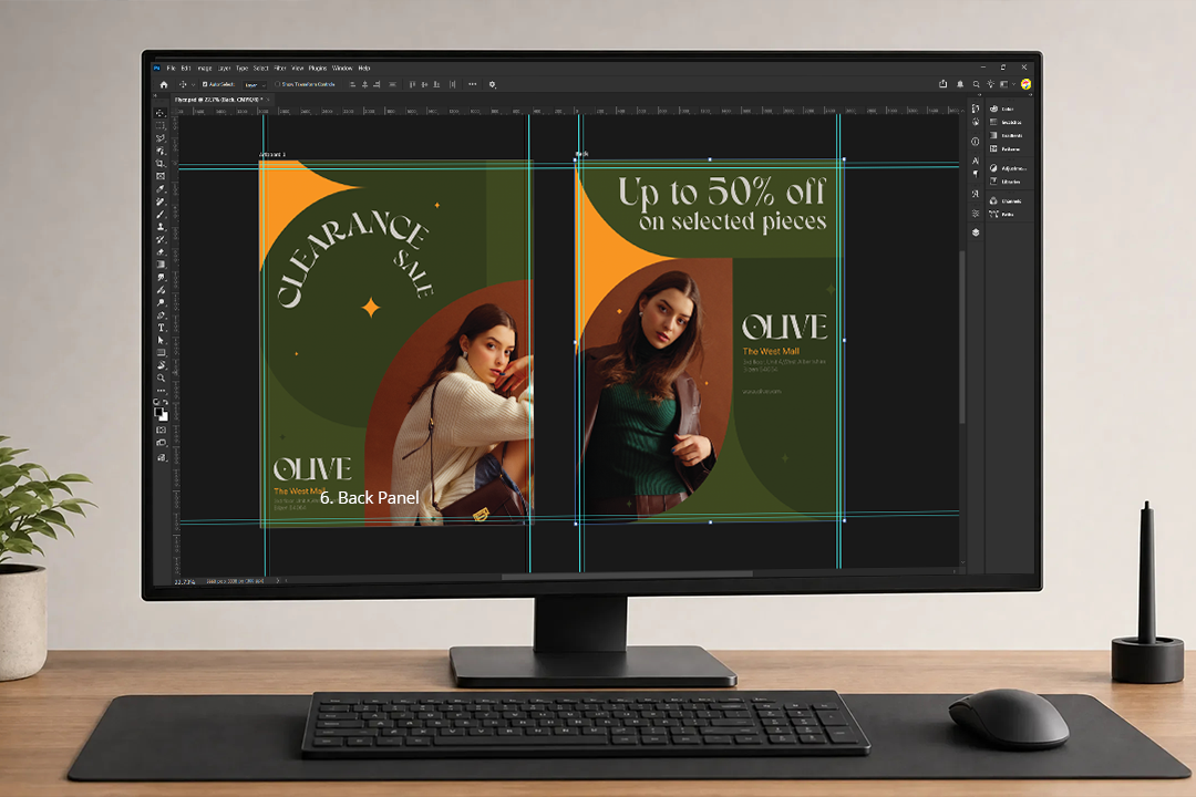 Flyer design template on a computer screen showing bleed, trim, and margin guidelines