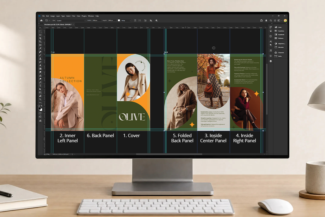 Digital tri-fold brochure setup showing bleed lines, fold lines, and labeled panels