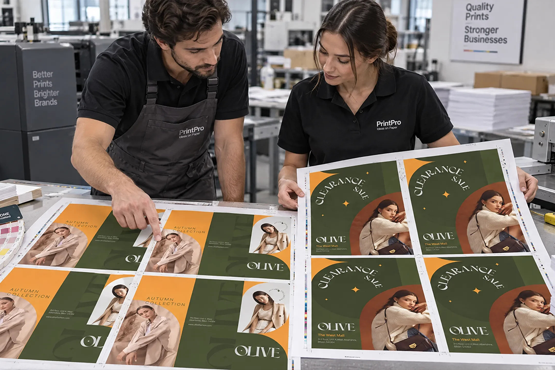 Inspecting printed brochure and flyer press sheets with crop marks