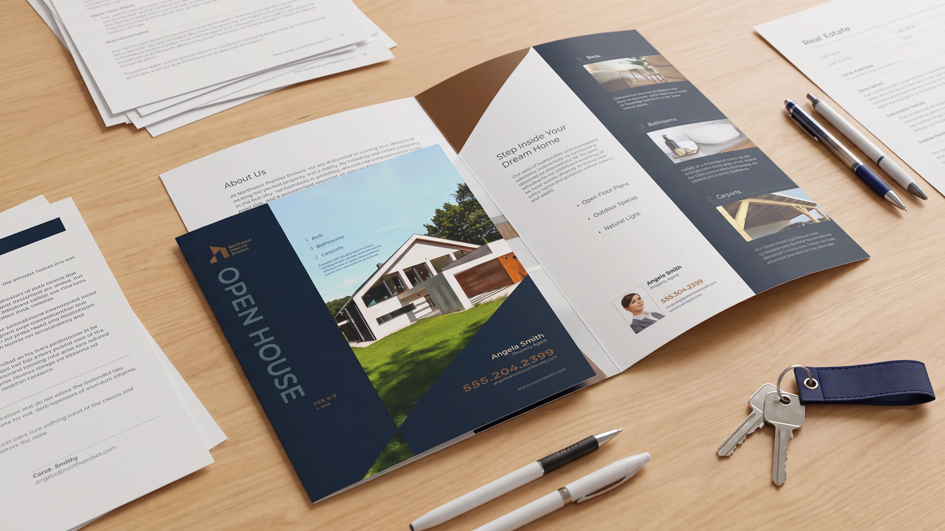 Half-fold real estate open house brochure displayed flat on a wooden desk
