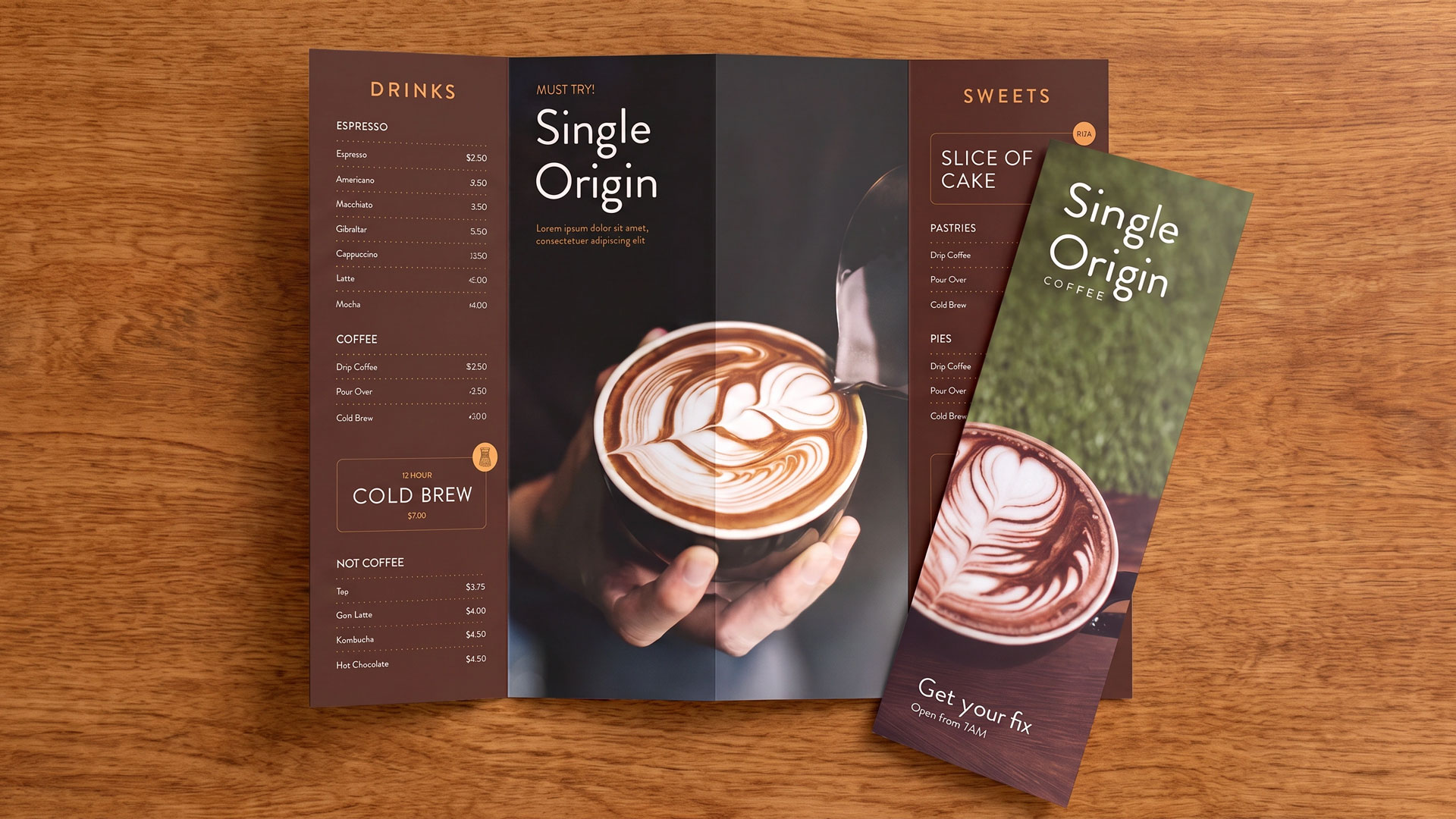 Tri-fold coffee shop menu brochure shown open alongside a folded front cover