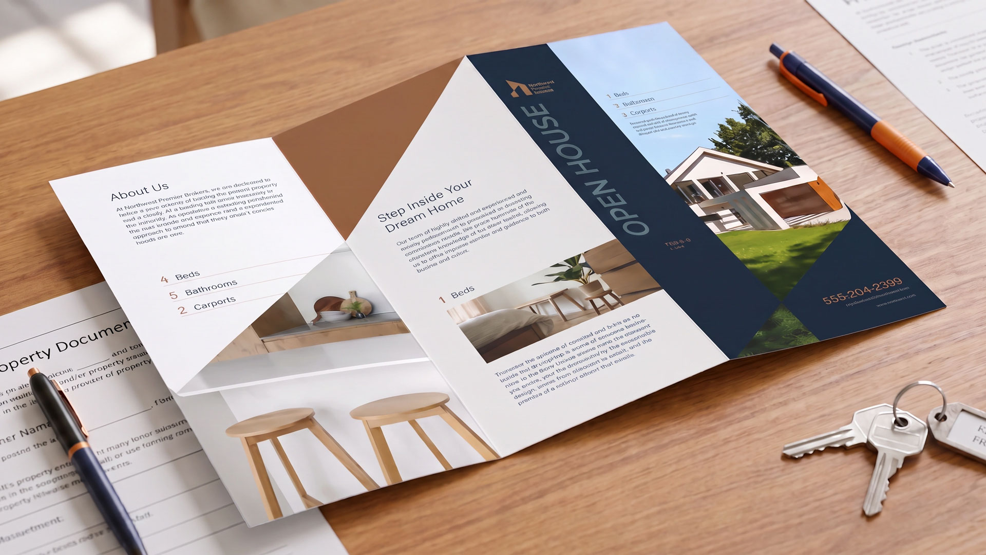 Real estate open house brochure layout showing interior panels and house photos