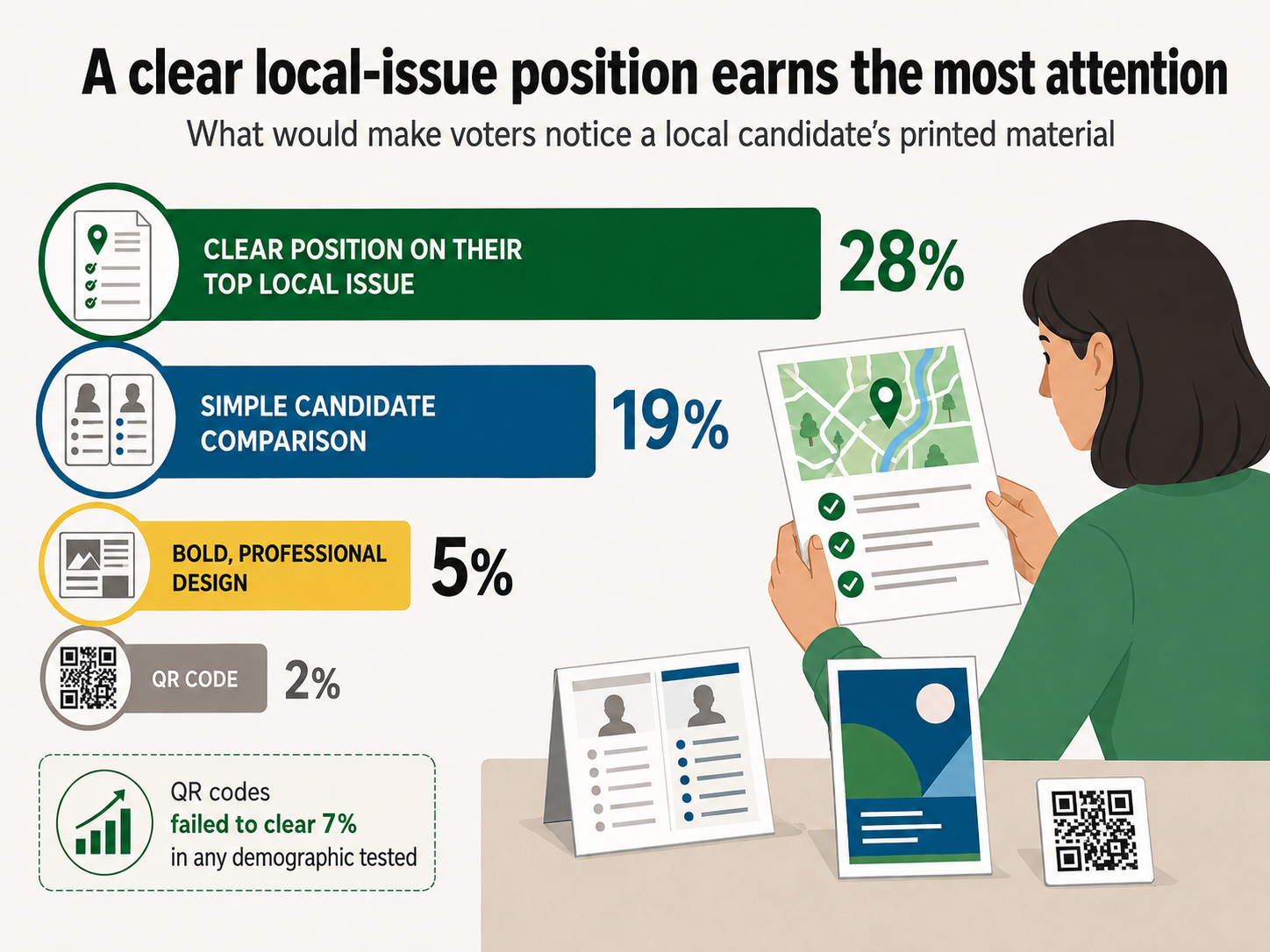 28% of voters say a clear position on local issues is the top factor in noticing printed campaign material