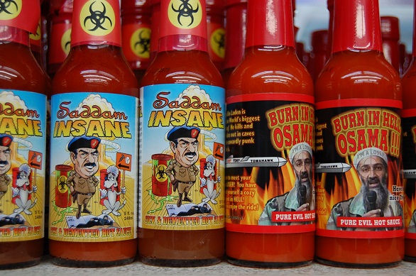 hot sauce labels - saddam insane and burn in hell osama