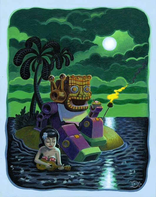 Tiki Art Poster Design Inspiration - Tiki Robot Loves Ukulele Girl